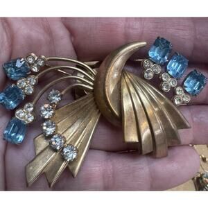 Art Deco Style Rhinestone Brooch Aqua Blue & Gold Tone Pin Brooch/Pendant